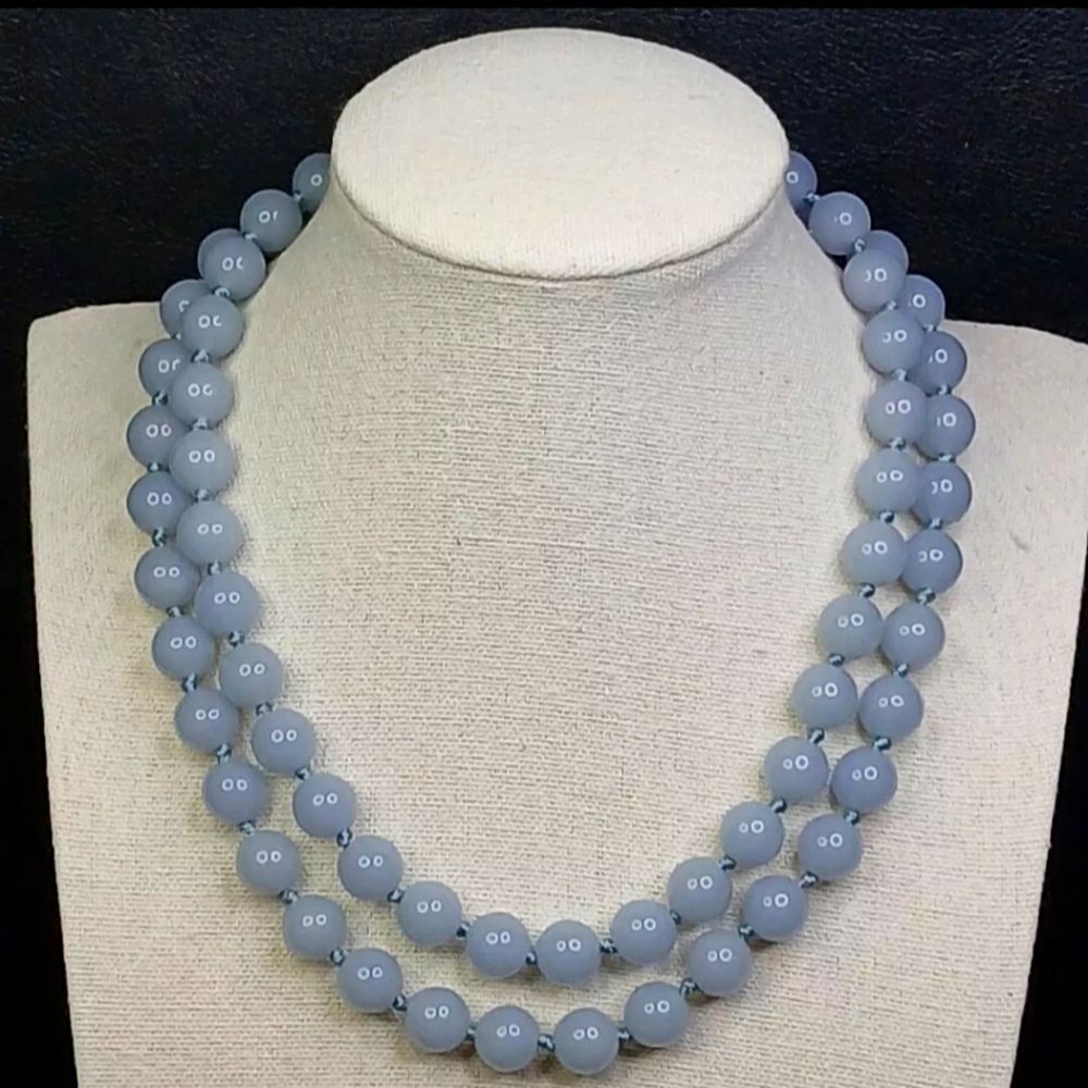 Vintage TRIFARI Necklace Gray Lucite Beads Individually Knotted 31"